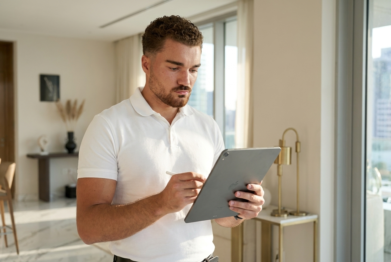 Darnell Rieber, snaggingGuard founder and InterNACHI® Certified Professional Inspector, reviewing inspection notes on a tablet in a luxury Dubai apartment
