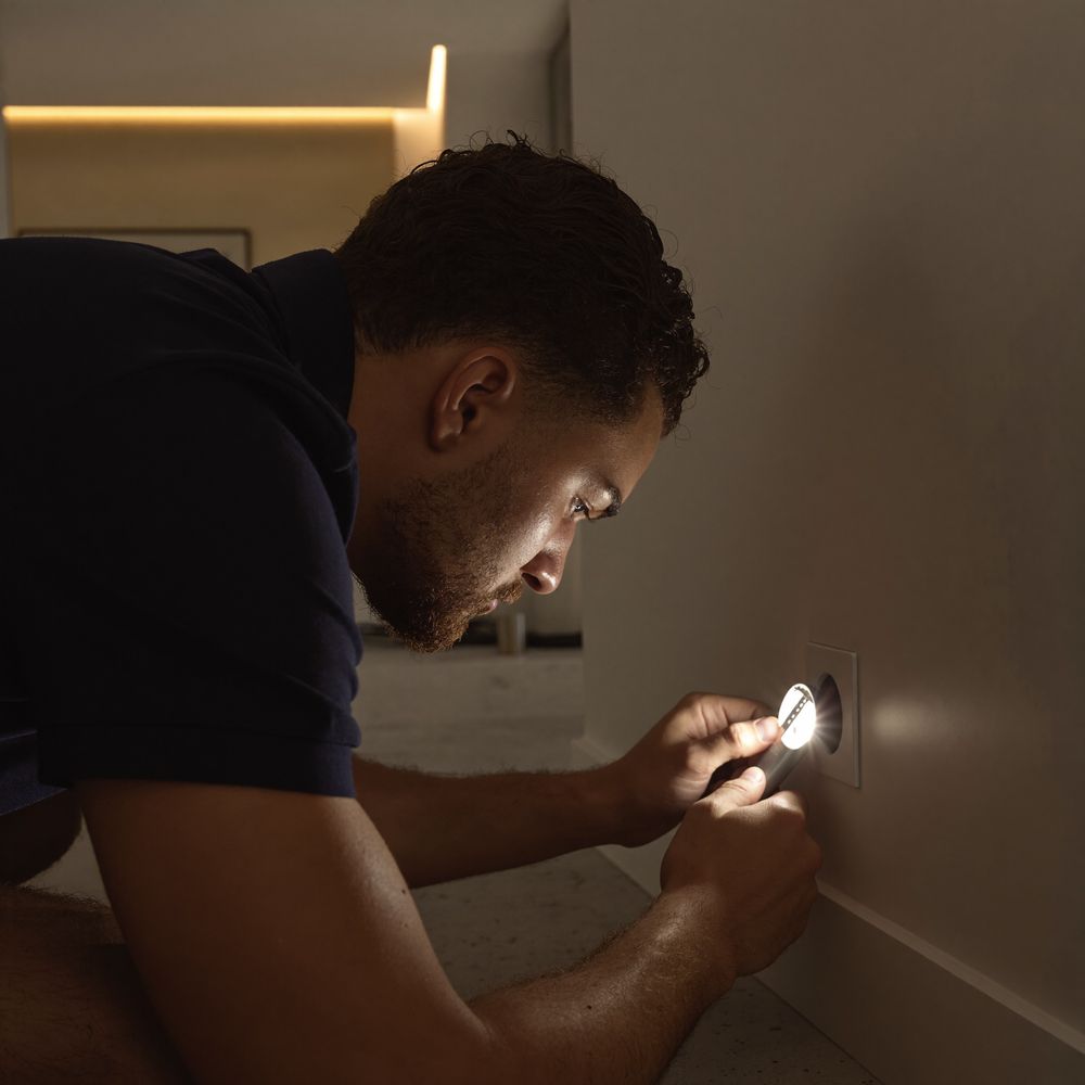 Inspector checking a wall socket with a torch